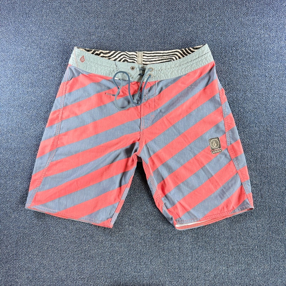 Volcom‎ Board Shorts Mens 30 Red Blue Striped Cinch Fly Swim Trunks Surf